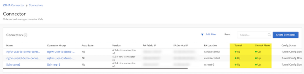 PaloAlto screenshot — Connector tunnel status verification