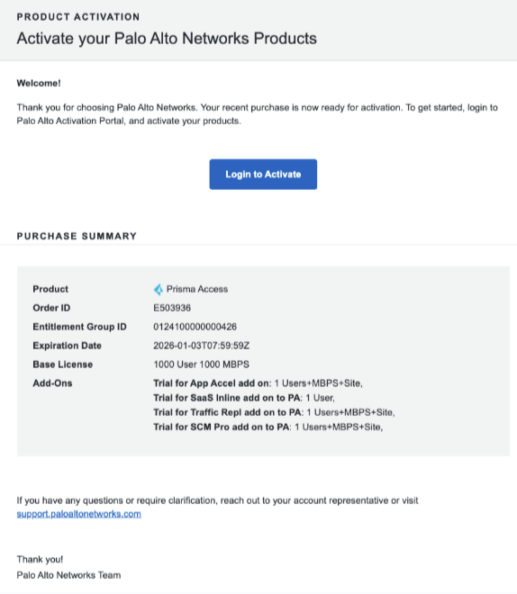 PaloAlto screenshot — Prisma Access activation portal steps