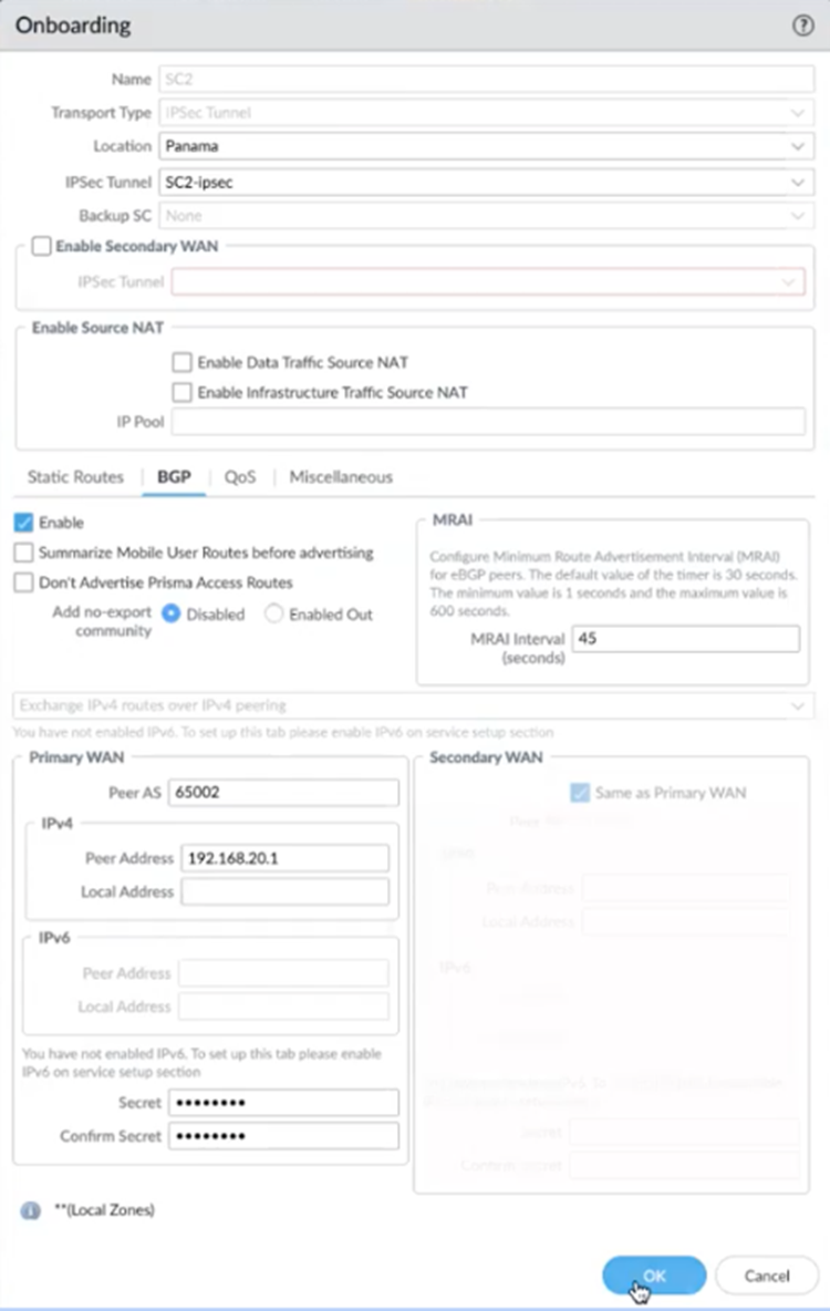 PaloAlto screenshot — IPSec tunnel parameters configuration