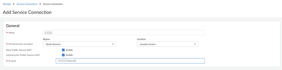 PaloAlto screenshot — Service Connection name and location