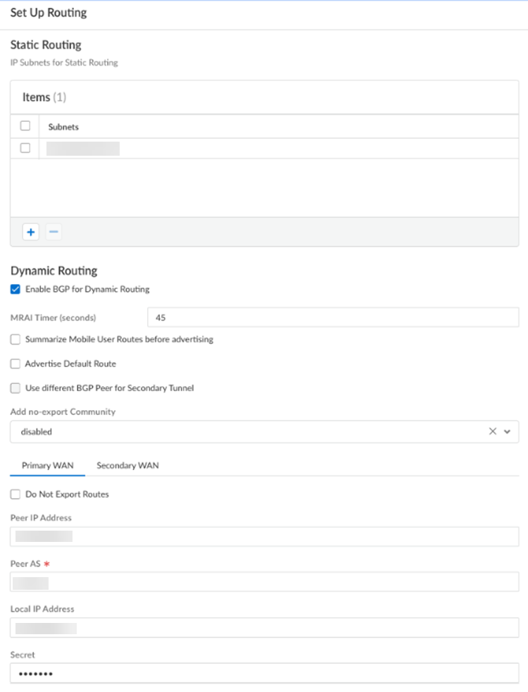 PaloAlto screenshot — Service Connection BGP configuration