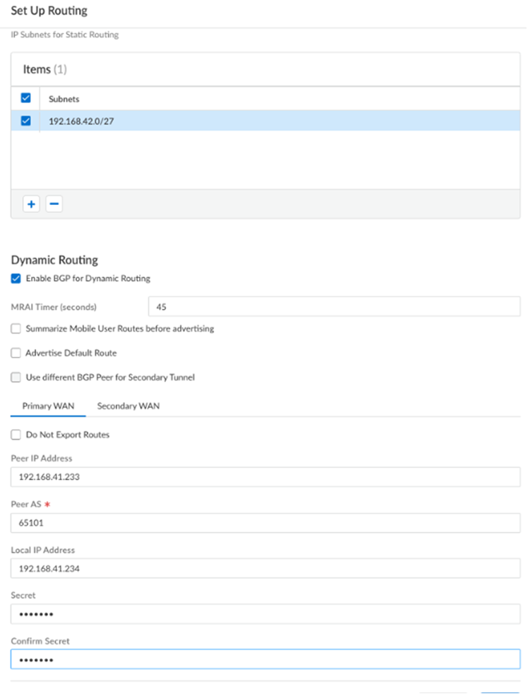 PaloAlto screenshot — Static routes tab in remote network onboarding