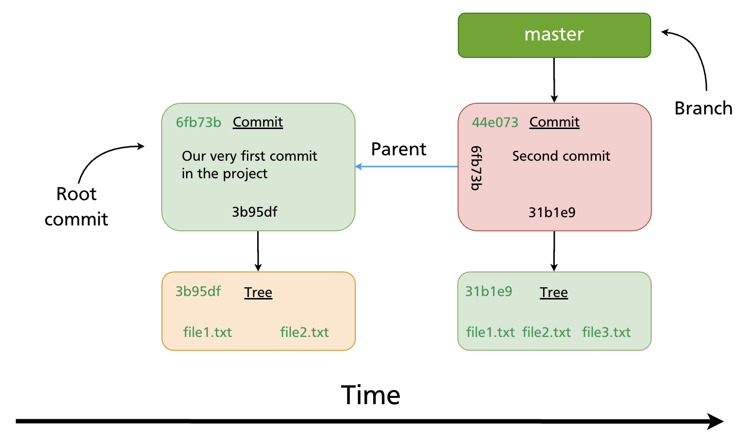 The master branch pointer pointing to the latest commit