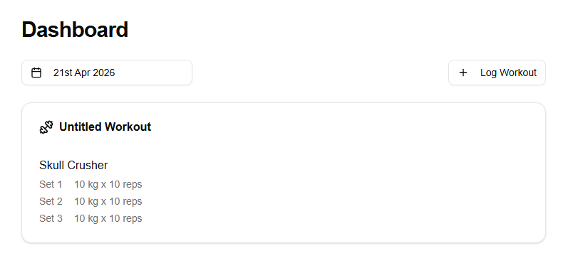 The Lifting Diary dashboard — a logged workout showing exercises with sets, weights, and RPE scores