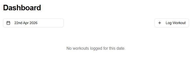 The dashboard for a date with no workout logged yet — the date navigator is visible and the prompt to start a workout is shown