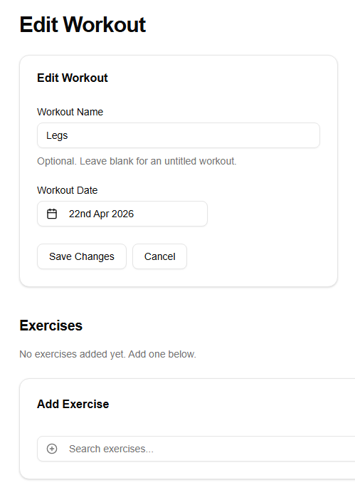 Opening the exercise picker — the full 63-movement catalog is displayed before any search is entered